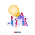 Cooperation of people who implement the joint idea. Illustration of the idea birth process. Template for your design works. Royalty Free Stock Photo